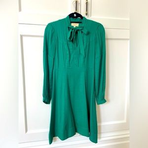 Moulinette Soeurs emerald green dress w/ tie neck (from Anthropologie)